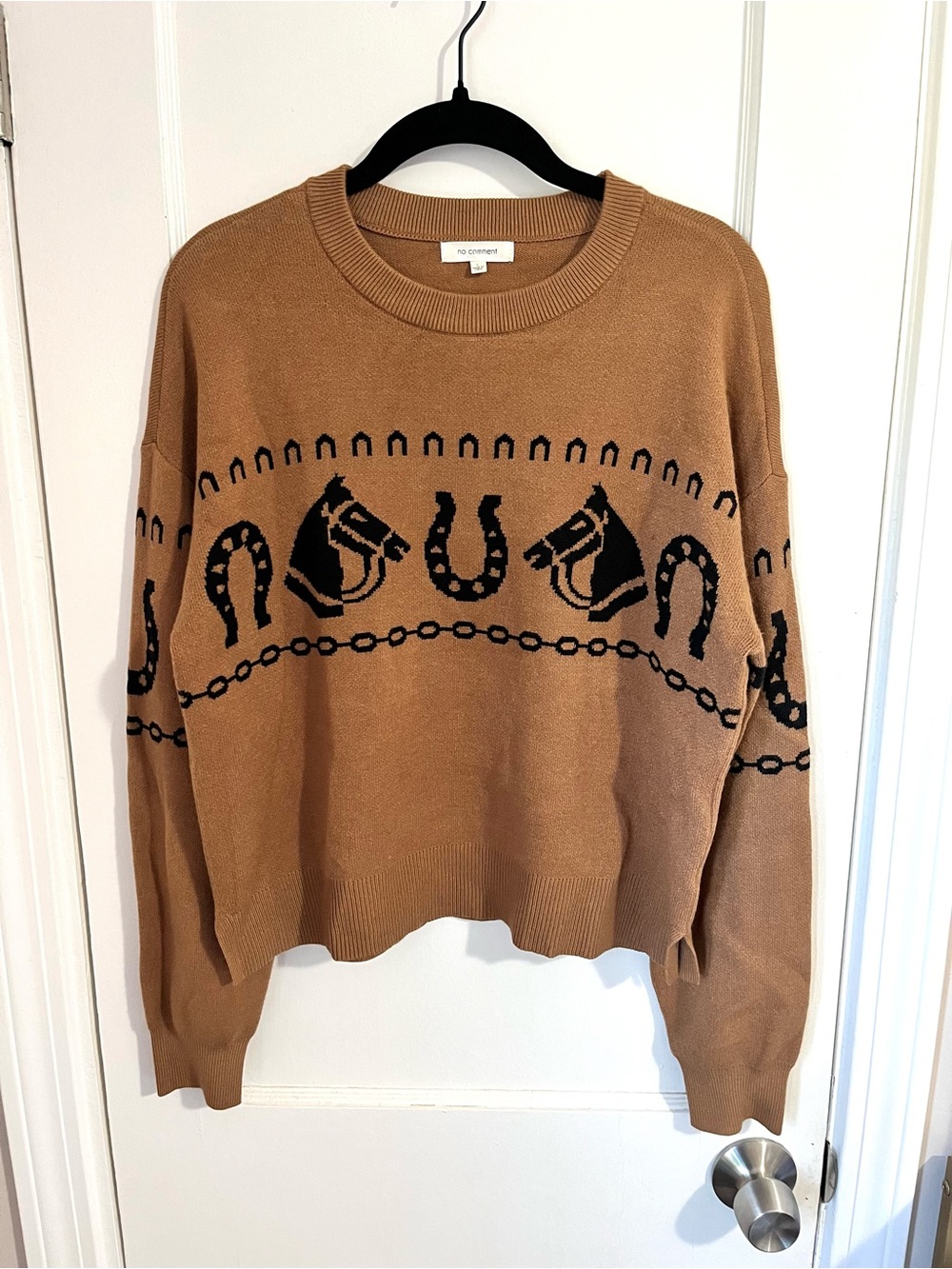 No Comment Crewneck Rodeo Sweater in Camel with Black Equestrian Motif